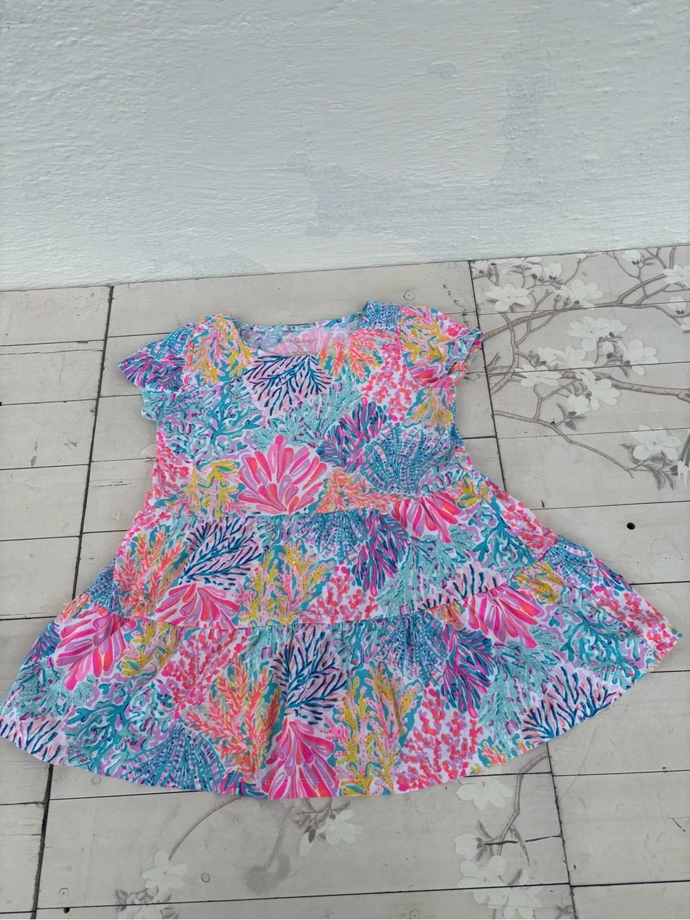 Multicolor Floral Coral-Print Short Sleeve Kids Dress